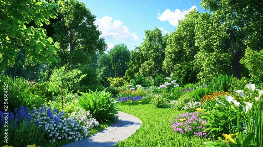 Fototapeta premium Vibrant garden scene featuring lush greenery, colorful flowers, and winding pathway clear blue sky evokes sense of tranquility and natural beauty