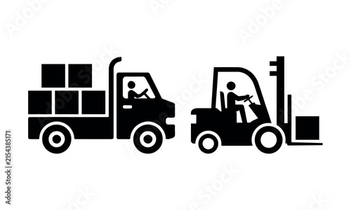 Truck and forklift transporting stacked boxes in warehouse