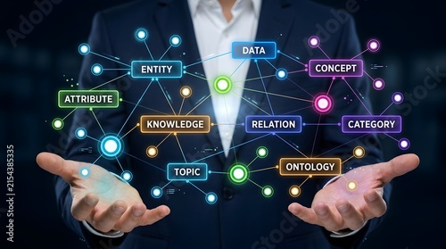Businessman hands displaying interactive data ontology flowchart and semantic knowledge graph network diagram