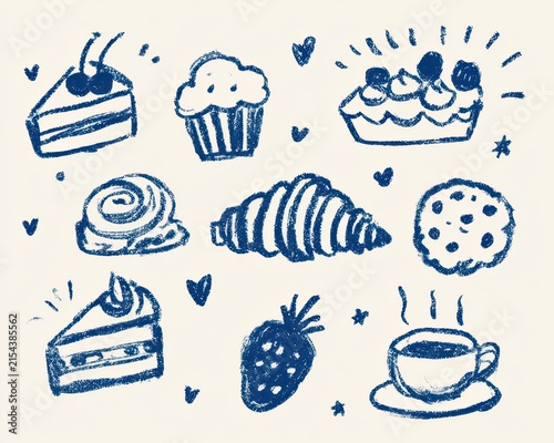 Handdrawn doodle set of various delicious desserts, pastries, and a cup of coffee, featuring cakes, a muffin, a croissant, a cookie, and a strawberry, rendered in a blue crayon style