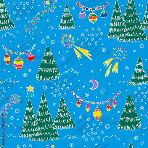 Seamless vector pattern featuring hand-drawn pine trees, festive light garlands, baubles, fireworks, falling stars, and snow against a bright blue night sky. Playful ink-doodle style with ma