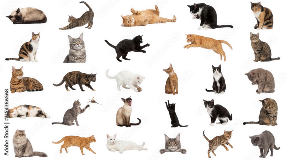 Fototapeta premium Collage of Domestic Cats in Various Poses on White Background