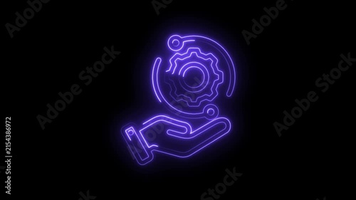 Glowing purple neon hand holding gear mechanism with circuit lines representing technology... icon