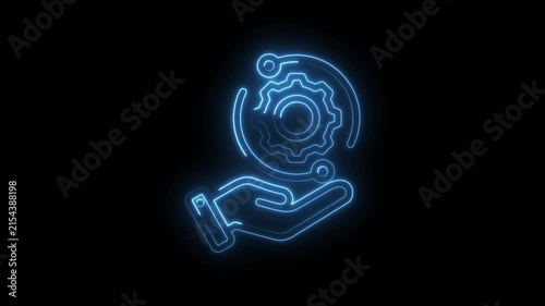 Neon blue hand holding gear icon symbolizing technology innovation engineering automation digital