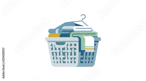 Laundry basket with clean folded clothes and hanger