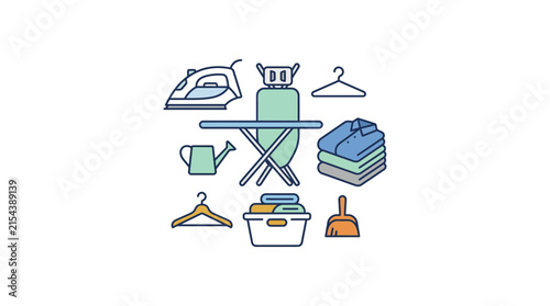 Laundry and Ironing Household Chores Line Art Icons