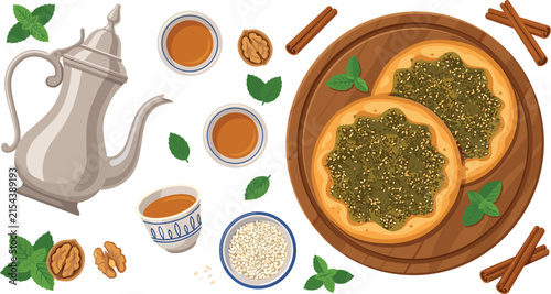 Traditional Arabic Tea and Manakish Flatbread Vector Set Featuring Silver Dallah Teapot Wooden Board Sesame Zaatar Pastry Walnut Cinnamon and Mint Leaves