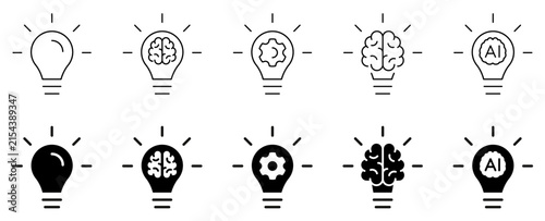 Brain and artificial intelligence light bulb icon set. Creative idea, human knowledge, cognitive technology and smart thinking concept in outline and solid vector style.