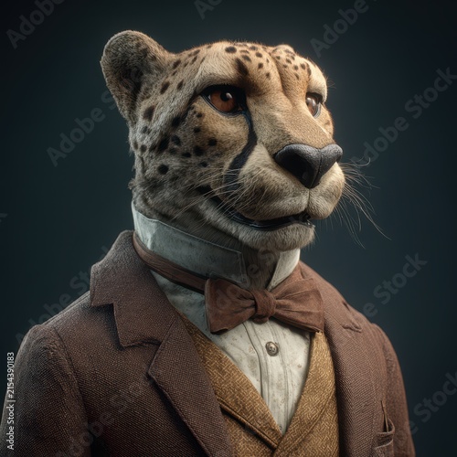 Anthropomorphic cheetah dressed in vintage suit with bow tie, close-up portrait, dark background