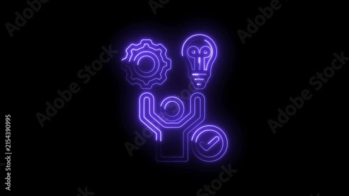 Neon light glowing abstract icons representing idea generation process innovation success and