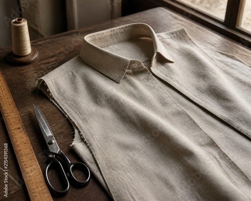 Linen shirt and sewing tools on a tailor's worktable