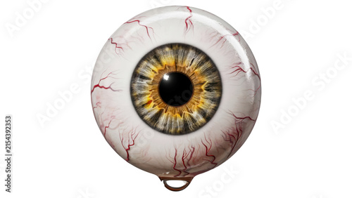 Detailed three dimensional render of a single human eyeball featuring brown iris patterns with visible red veins and a realistic glossy reflection on transparent background