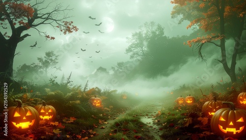 Vibrant green Halloween-themed background and frame template.