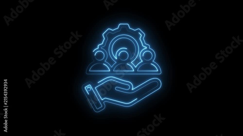Neon blue outline of a hand holding a group of people icons with a gear symbol representing