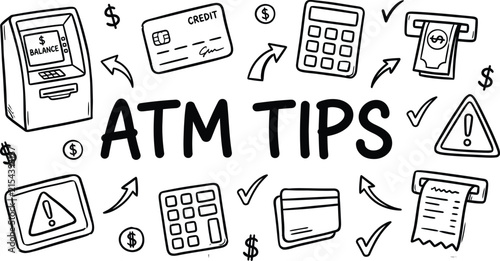 Hand drawn doodle illustration about atm safety tips featuring financial icons and banking security advice for customers