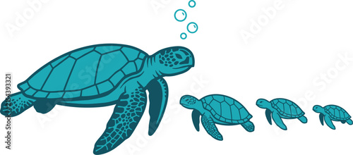 Foto Mother sea turtle swimming with three small baby hatchlings in line with underwa