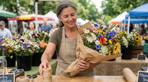 Woman Florist Arranging Fresh Flowers at Outdoor Farmers Market Stall, Spring Blooms for Sale