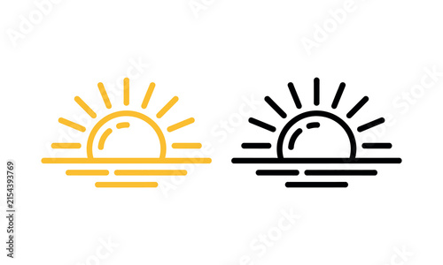 Sunrise and sunset icons with rays and horizon line
