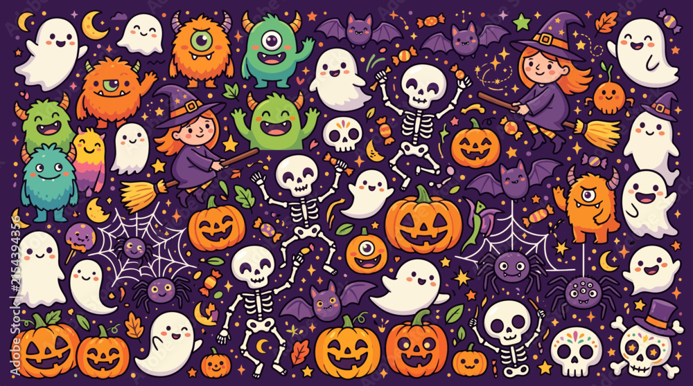 Naklejka premium Colorful halloween icons pattern with ghosts and pumpkins
