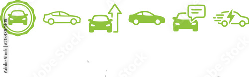 A collection of green car related icons showing various automotive services and vehicle maintenance concepts on white