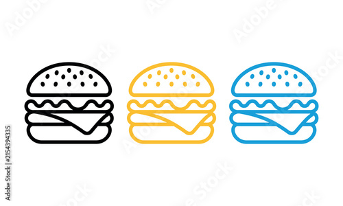 Colorful stylized hamburger burger icon set with three different color schemes