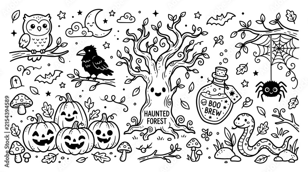 Naklejka premium Haunted forest doodles with cute pumpkins and spooky creatures