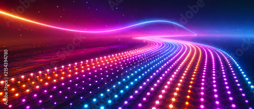 Vibrant abstract digital scene with a transparent geometric prism reflecting neon pink and blue light waves above a glowing dotted grid, creating a futuristic luminous perspective