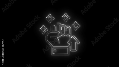 Glowing neon fist icon with upward arrow and sparkling stars on black background symbolizing