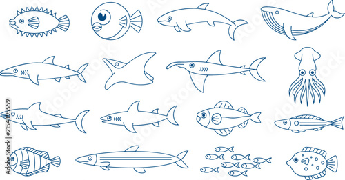 Marine Life Line Art Icon Set with Blue Outline Sea Animals Sharks Whales and Fish Vectors for Aquarium Graphics Children Books and Ocean Wildlife Designs