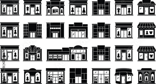 Clothing Boutique Front and Retail Store Facade Black Silhouette Icon Set with Fashion Shop Windows, Mannequins, Awnings, and Exterior Commercial Building Designs