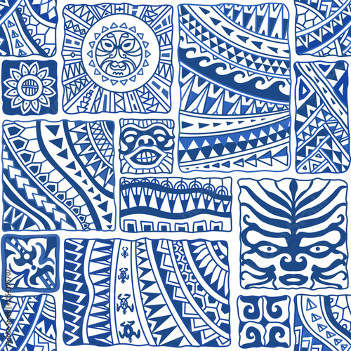 Vector patchwork seamless pattern from blue Maori ornaments, wavy ornate stripes 