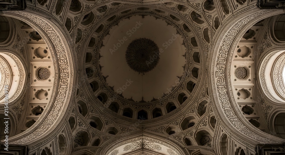 Obraz premium Ornate vaulted ceiling interior view showcasing classical architectural design elements.
