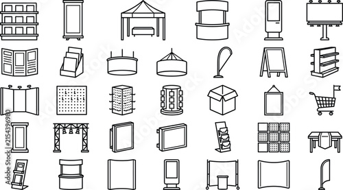 Trade Show Exhibition Stand and Retail POS Display Icon Set Featuring Promotional Tents Billboards Brochure Racks Exhibition Booths and Corporate Event Line Art Vectors