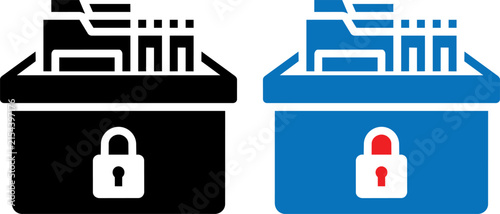 Vector illustration of Secure document storage box icon set, locked archive file container, data privacy vector isolated on Transparent Background