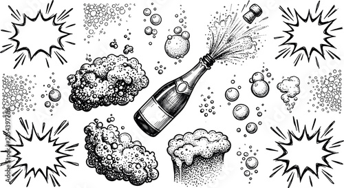 Vintage champagne explosion vector set featuring popping bottle popping cork foam bubbles and starburst frames isolated on white background