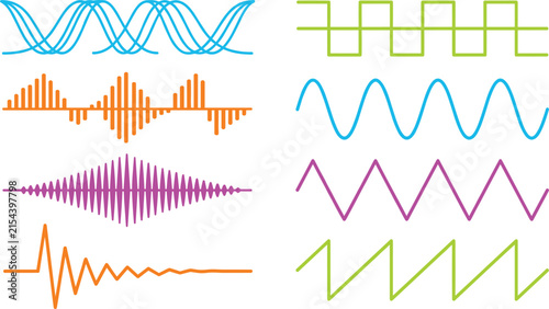 Mathematical Soundwave Forms and Audio Signal Processing Elements Set Featuring Sine, Square, Triangle, and Sawtooth Vector Waves for Synthesizer Sound Design