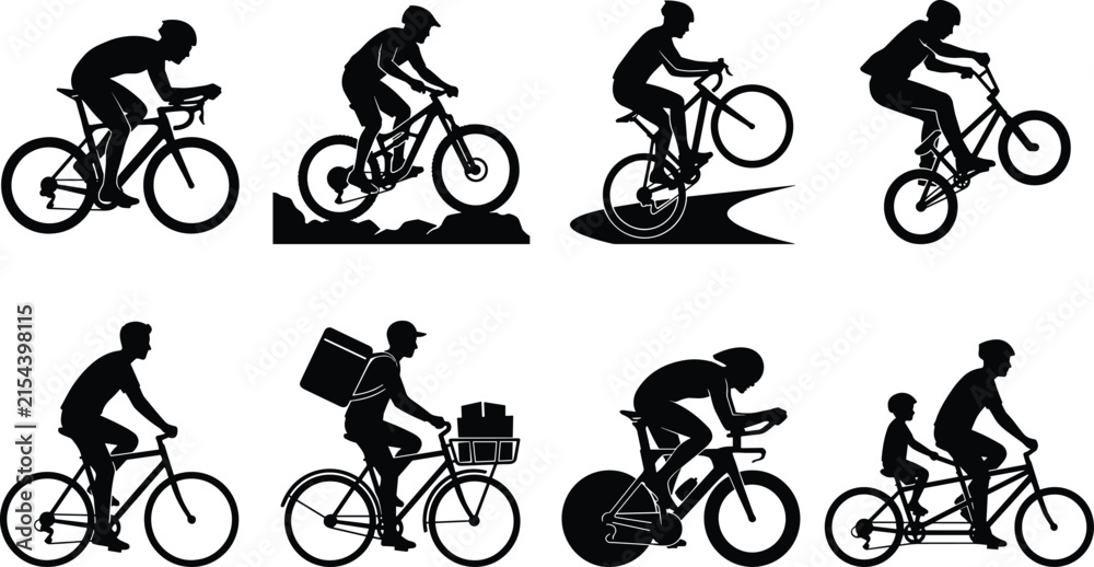 Fototapeta premium Cyclist and bicycle rider silhouette icons set featuring road cycling racing mountain biking stunt bmx delivery messenger commuter and family tandem bike riders.