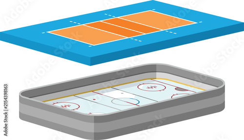 Isometric Sports Arenas Vector Illustration Set Featuring Volleyball Court and Ice Hockey Rink Stadium Fields for Athletic Gaming App Designs
