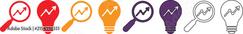 Colorful and monochrome light bulb icons with magnifying glass showing upward trend graph inside isolated design