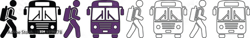 Colorful set of students walking and buses in different colors depicting school transportation concepts isolated design
