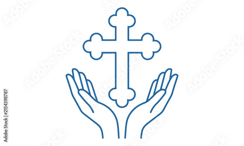 Orthodox Cross Held by Human Hands Line Art Icon