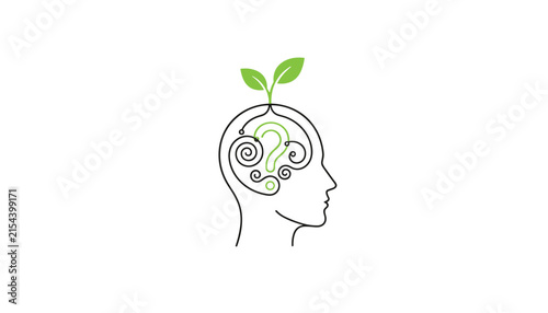 Outline drawing of a human profile with a question mark brain and a small green leaf sprout growing out on top.