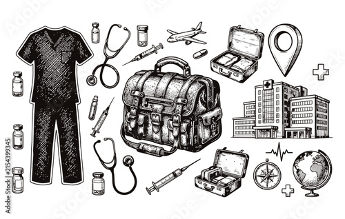 Medical tourism and healthcare collection showcasing nursing uniform syringes medicine vials diagnostic tools and international travel icons