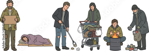 Foto Urban Homelessness and Street Hardship Vector Set Featuring Poor People Begging