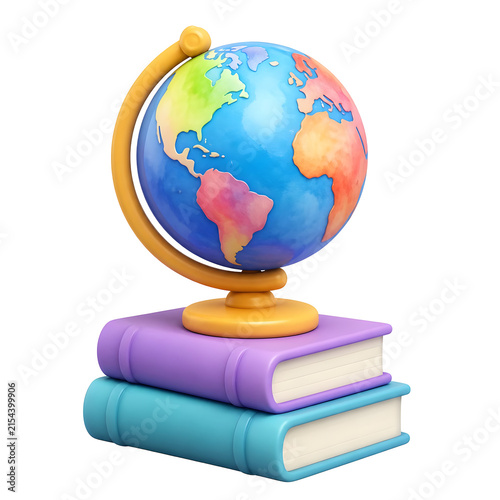 Back to School Season Peak colorful globe resting upon stacked academic textbooks for classroom learning.