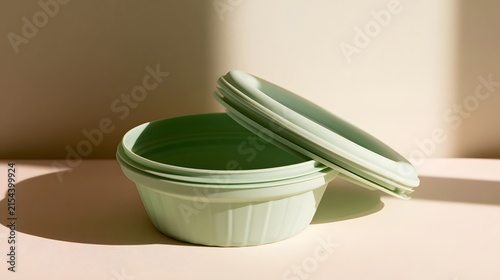 Stacked pastel green collapsible food containers with lids resting beside them on a sunlit surface