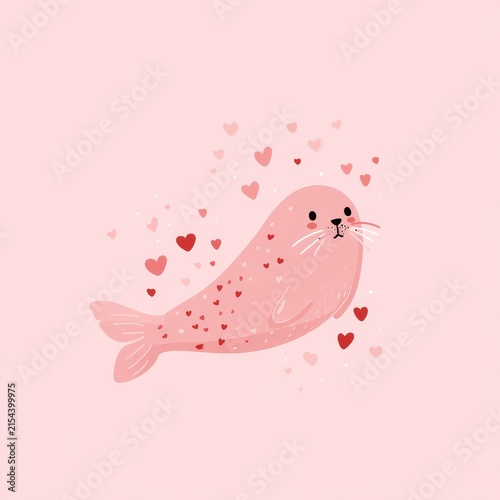 Cute Pink Seal Surrounded by Hearts on Pastel Background