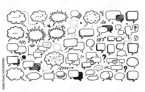 Dialog and communication graphic pack including hand sketched speech balloons thought bubbles and blank comic frames
