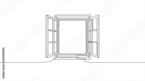 Continuous line art vector of an open window frame home interior horizon outline