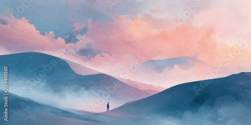 Abstract mountain landscape artwork with pink clouds and lone figure
